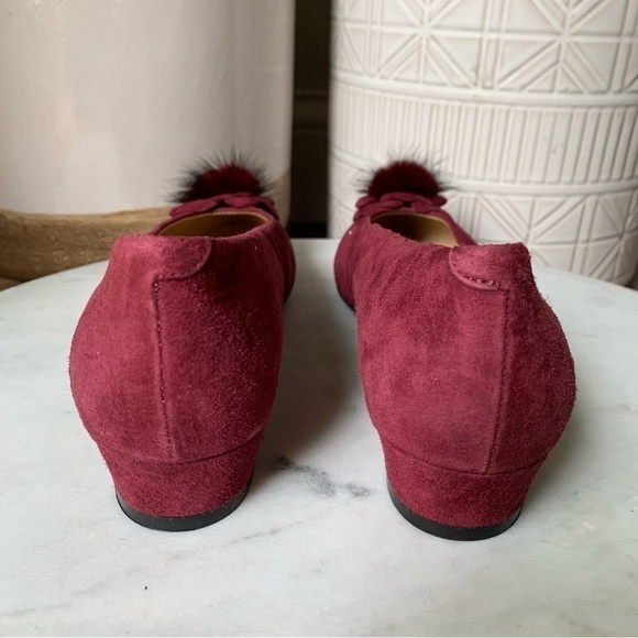 NEW Sesto Meucci Red Suede Ballerina Slip On Pumps with Rabbit Fur Pom size 7 - Picture 3 of 12